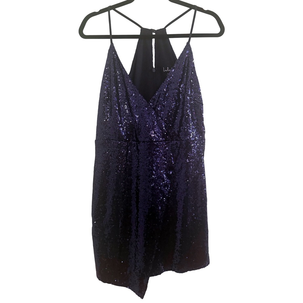 Lulus Sequin Mini Dress Womens Large Navy Blue V-Neck Asymmetrical Cocktail Glam
